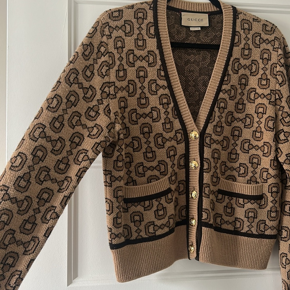 Gucci Beige and Dark Brown Horsebit Patterned Cardigan - Picture 3 of 5